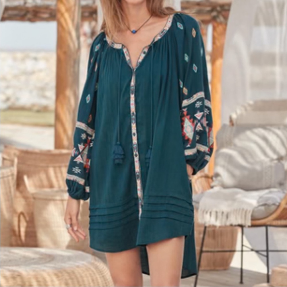 Sundance Teal‎ Embroidered Boho Long Sleeve Dress Size small with pockets